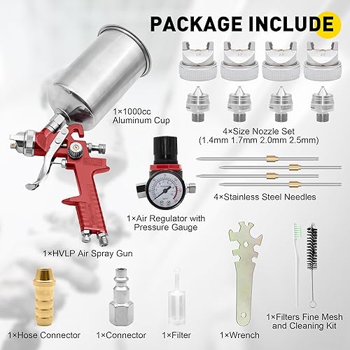 Miniatura 8 de HVLP Pistola de pulverización de alimentación por gravedad, kit de pistola de pulverización de pintura de aire automotriz con boquillas de 1.4, 1.7,