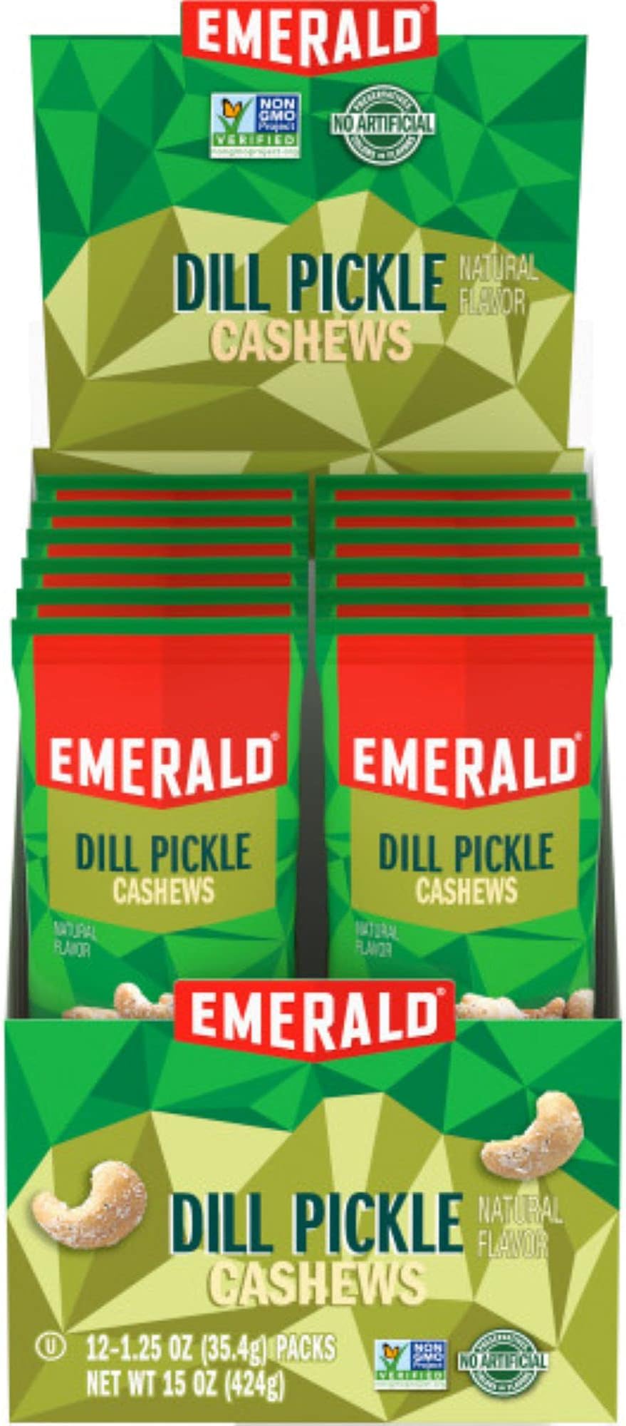 Emerald Nuts Dill Pickle Seasoned Cashews 12 Ct (1-Pack), 1.25 Oz Individual Snack Tubes, Kosher Certified, Non-GMO, Contains No Artificial Preservatives, Flavors or Synthetic Colors
