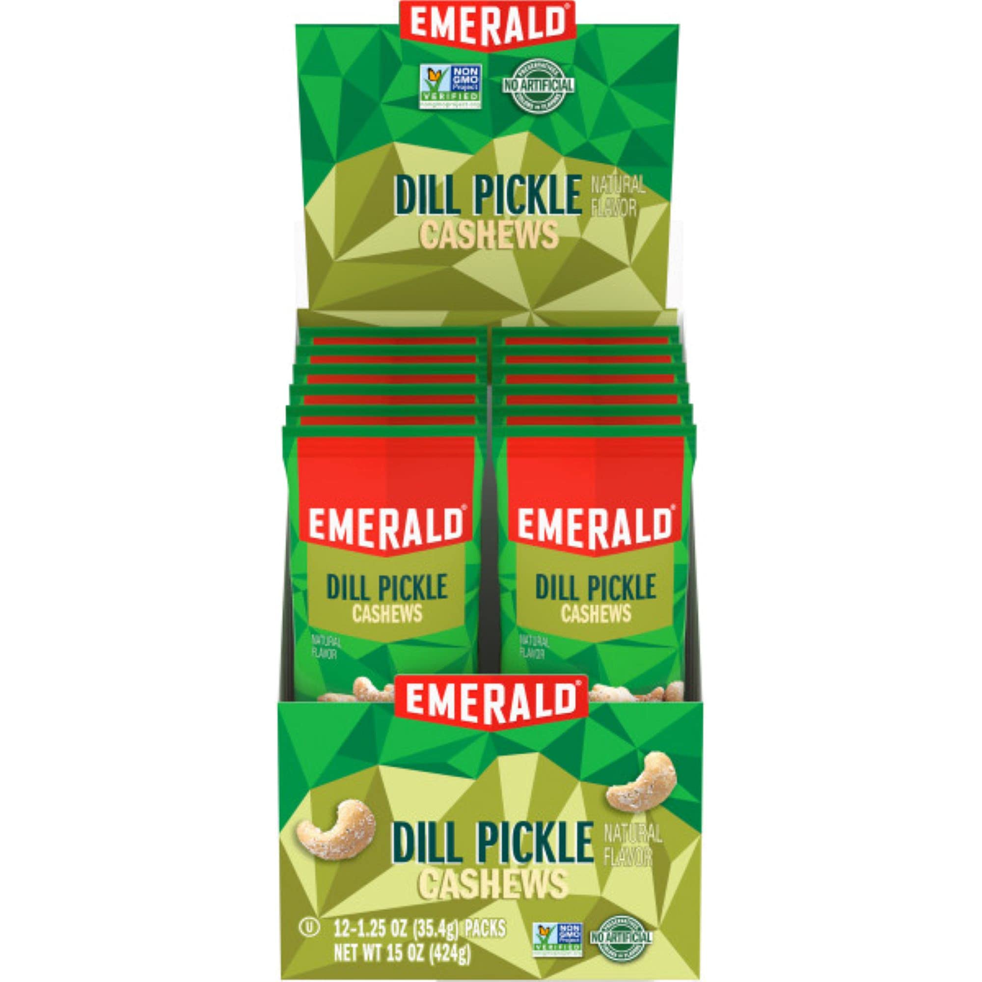Emerald Nuts Dill Pickle Seasoned Cashews 12 Ct (1-Pack), 1.25 Oz Individual Snack Tubes, Plant-Based Protein, Kosher Certified, Non-GMO, Contains No Artificial Preservatives, Flavors or Synthetic Colors