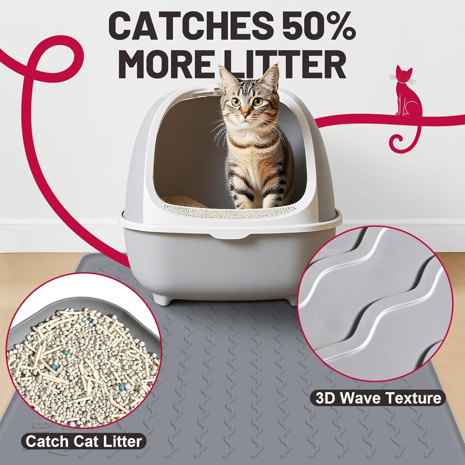 Large Silicone Cat Mat for Litter Box, 34"x22" Waterproof & Urine-Proof Pad with Litter-Trapping Waves, Non-Slip, Easy Clean & Paw-Safe (Gray)