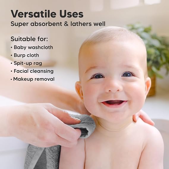 6-Pack Organic Baby Washcloths - Soft Bamboo Washcloth, Baby Wash Cloths, Baby Wash Cloth for Newborn, Kids, Baby Towels, Baby Bath Essentials, Face Towel, Face Cloths for Washing Face (Cool Gray)