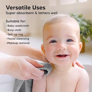 6-Pack Organic Baby Washcloths - Soft Bamboo Washcloth, Baby Wash Cloths, Baby Wash Cloth for Newborn, Kids, Baby Towels, Baby Bath Essentials, Face Towel, Face Cloths for Washing Face (Cool Gray)