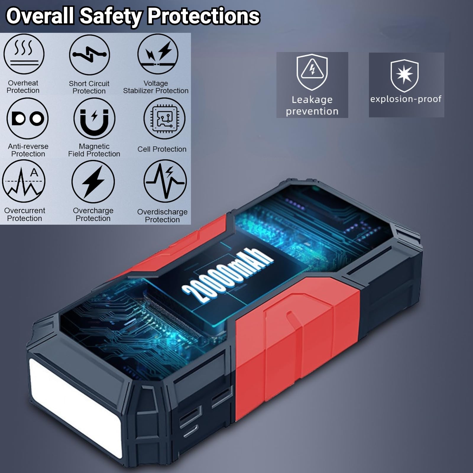 Urządzenie ułatwiające rozruch samochodu, 800 A 20000 mAh, zestaw akumulatorów awaryjnych do silników wysokoprężnych 12 V 3,0 l, silniki benzynowe 5,0 l, skrzynka wspomagająca rozruch akumulatora z 2