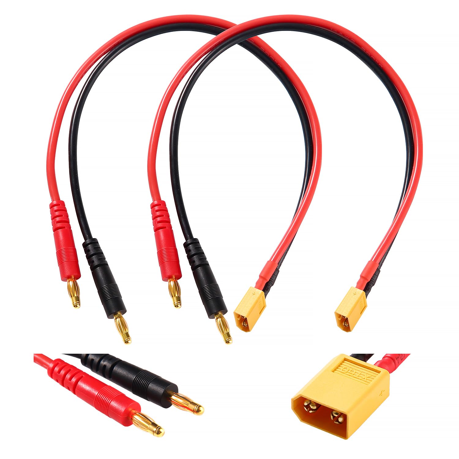 YIXISI 2 PCS XT60 to 4.0 Banana Plug RC Battery Charge Cable, XT60 Connector to 4.0mm Banana Connector with 30cm 14AWG Silicone Cable, for RC Helicopter Quadcopter Lipo Batteries