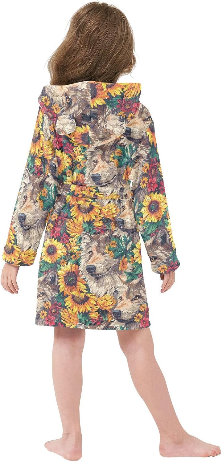 senya Sunflowers Wolfs Face Toddler Hooded Bathrobe Kids Soft Plush Bath Towel Robes for Boys Girls 2-12 Years