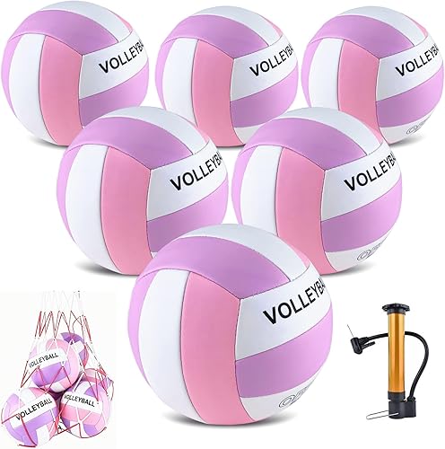 Vista 7 de Paquete de 6 pelotas de voleibol tamaño oficial 5, impermeables, suaves, a granel, recreativas, pelotas de vóley con bomba y bolsa de red, para Rojo