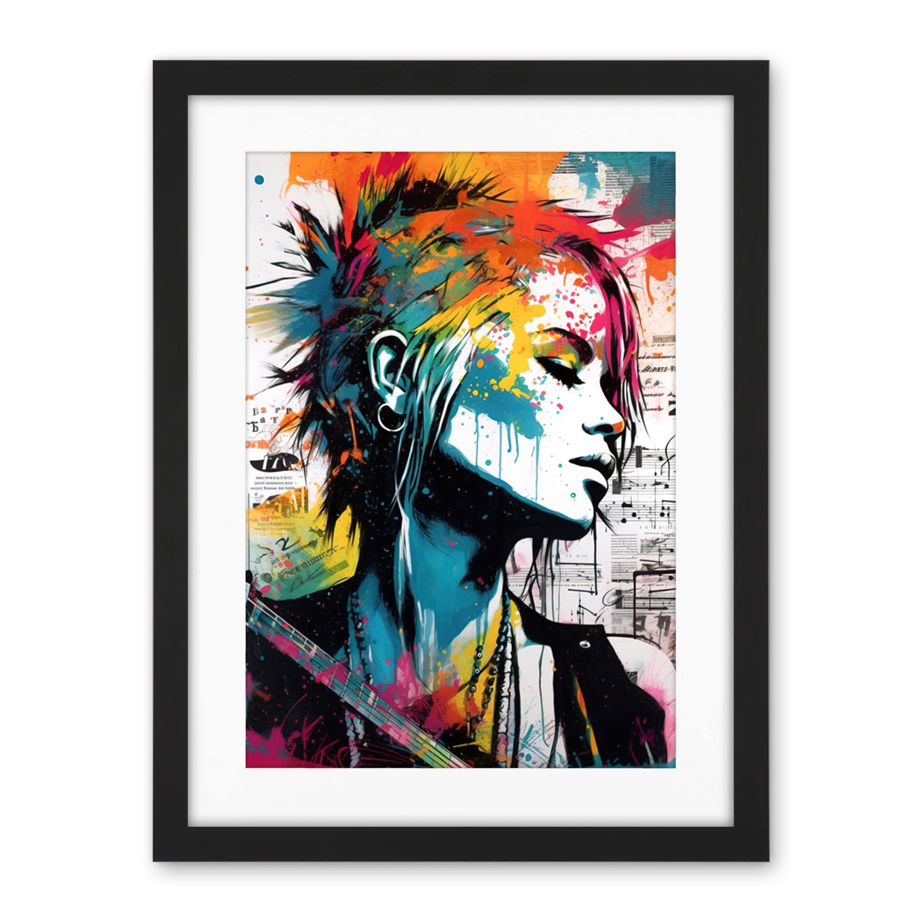 Artery8 Emo Woman Electric Guitar Sheet Music Upcycle Art Splatter Paint Modern Painting Artwork Framed Wall Art Print 18X24 Inch