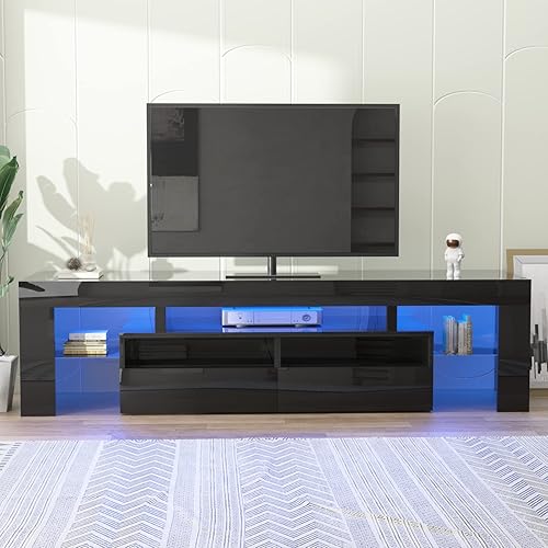 Miniatura 2 de St.Mandyu Soporte de TV LED para TV de 505560 pulgadas, centro de entretenimiento moderno de alto brillo con cajón y luces LED, mesa de televisión,