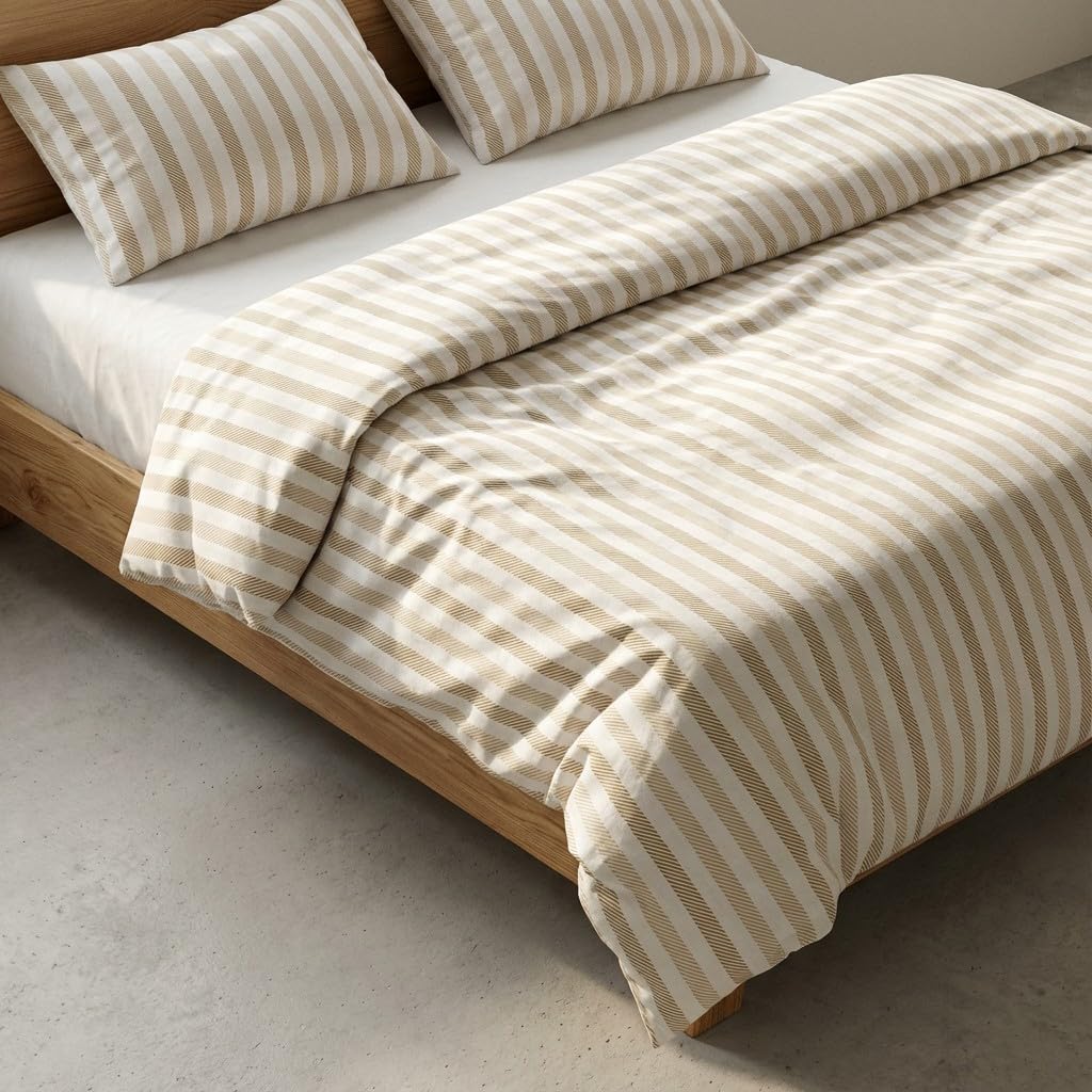 GAMUSI Juego Funda nórdica Cama 180 100% algodón - 2 Fundas Almohada 50x95 cm, Estampado Rayas Color Taupe