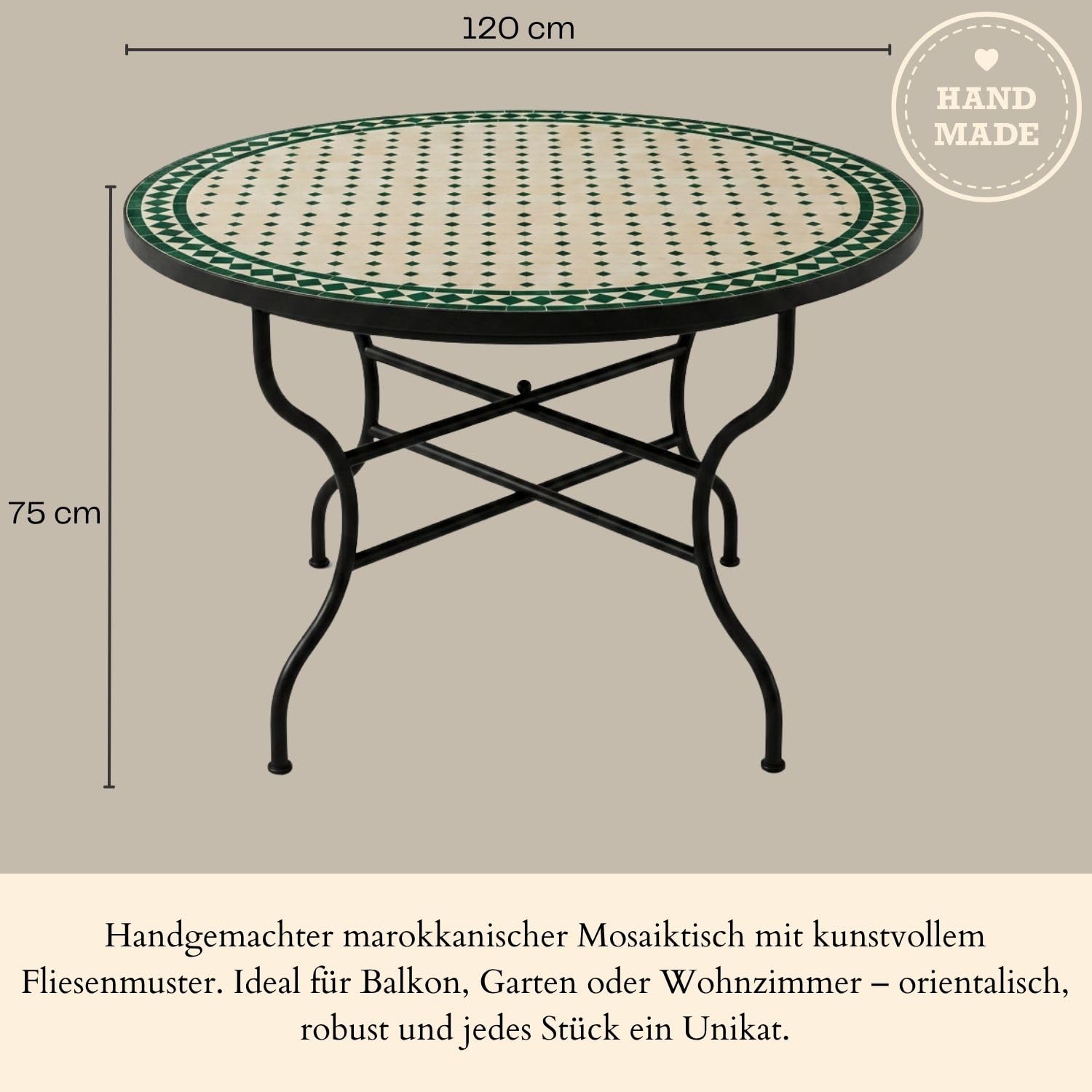 Tavolo a mosaico marocchino Marrakech, in ceramica, 120 cm, colore: beige/verde