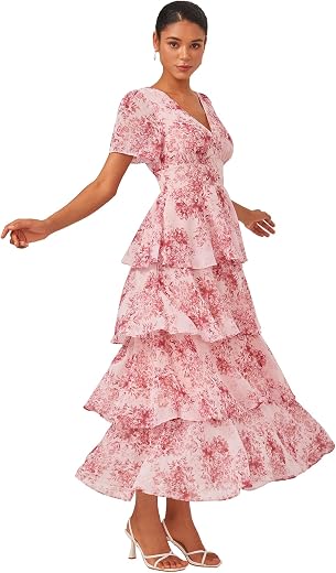ADOR Women's Floral Summer Empire Waist V Neck Casual Long Flowy Chiffon Maxi Dress Ruffle Tiered Short Sleeve A-line Dreses