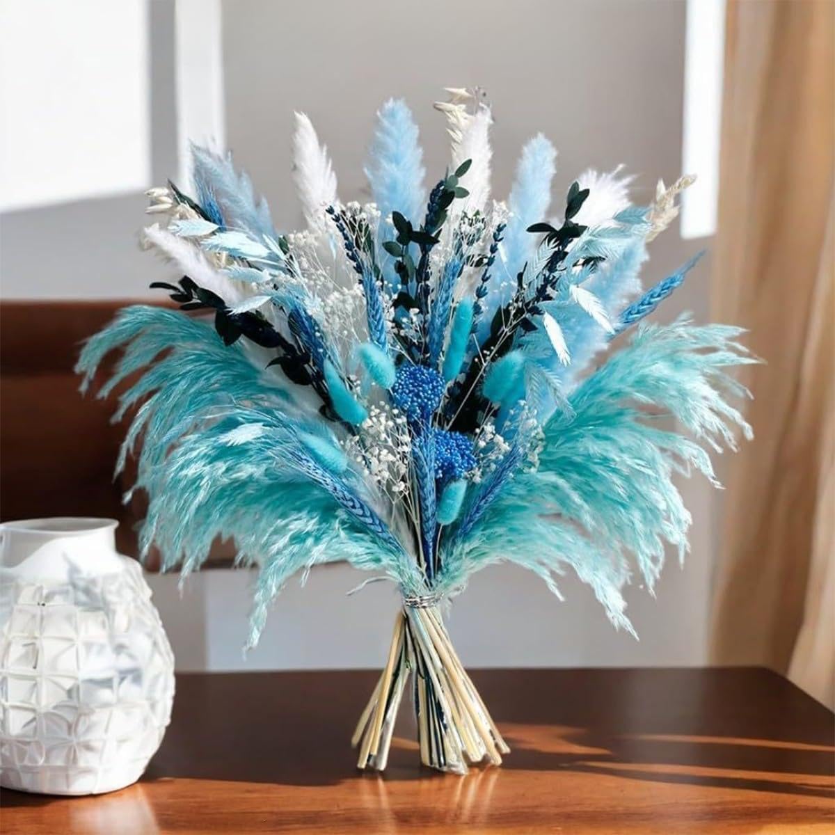 Blue Pampasgras Deko, 45 cm Trockenblumenstrauß aus Pampasgras mit gemischten weißen Blüten, Boho-Stil, natürliches Trockenblumen-Arrangement für Zuhause, Büro, Hochzeit und Landhaus-Tischdeko