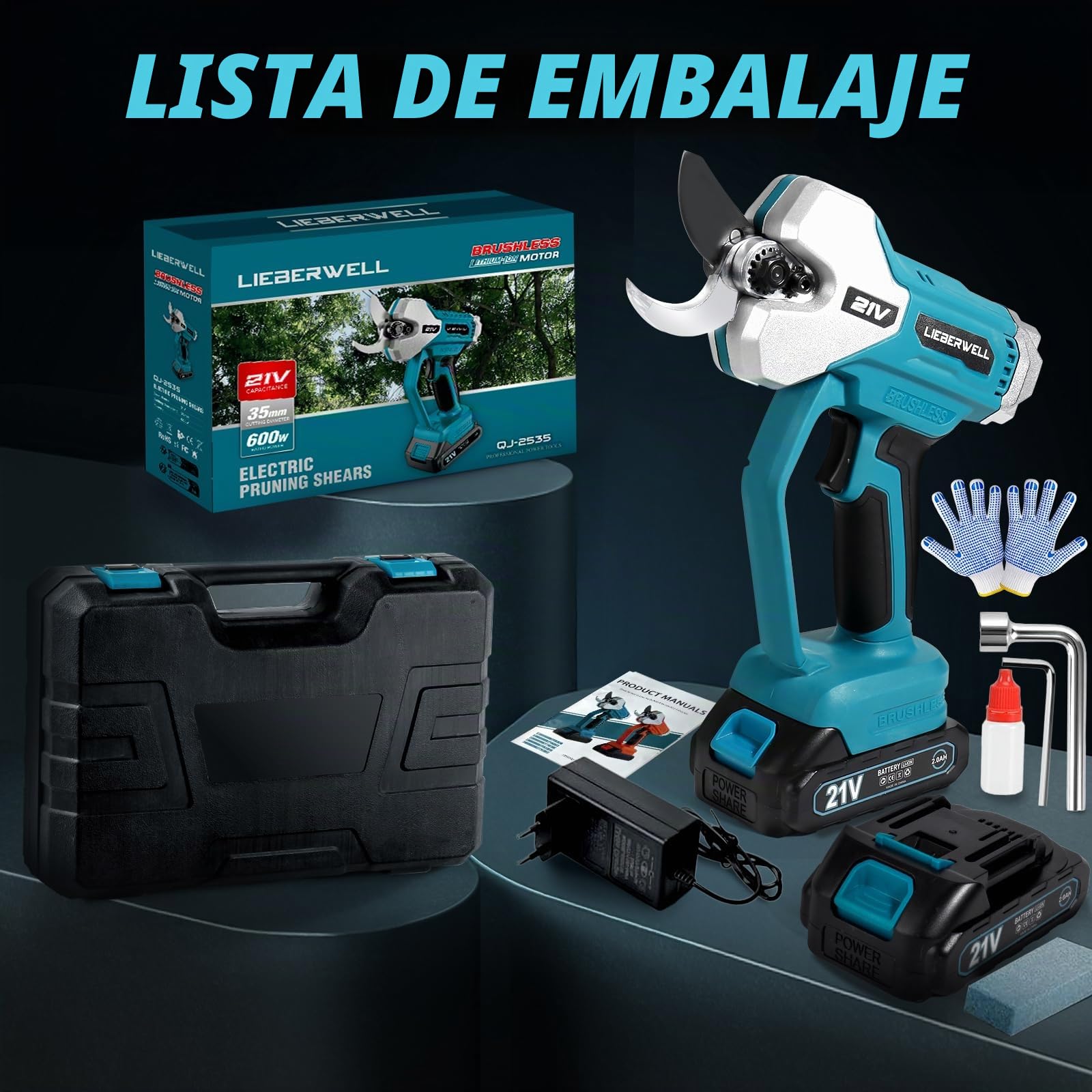 Tijeras Eléctricas para Ramas para Makita Batería 18V, 600W Tijeras de Podar Profesionales con 2 Baterías de 2000mAh, Motor sin Escobillas Manual con Contador de Cortes LCD, Diámetro de Corte de 35mm