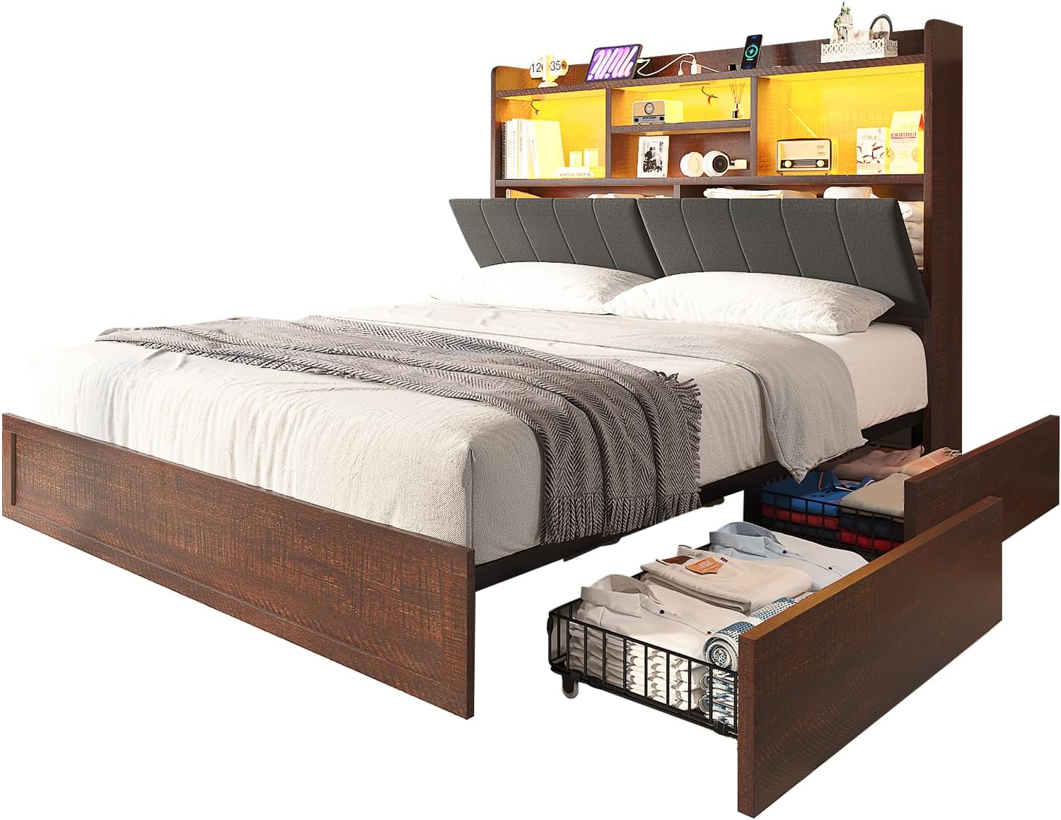 LUXOAK King Farmhouse Bed Frame with Bookcase Headboard and 4 Drawers, LED Storage Bed with Charging Station & Linen Upholstered, No Box Spring Needed, Reclaimed Barnwood