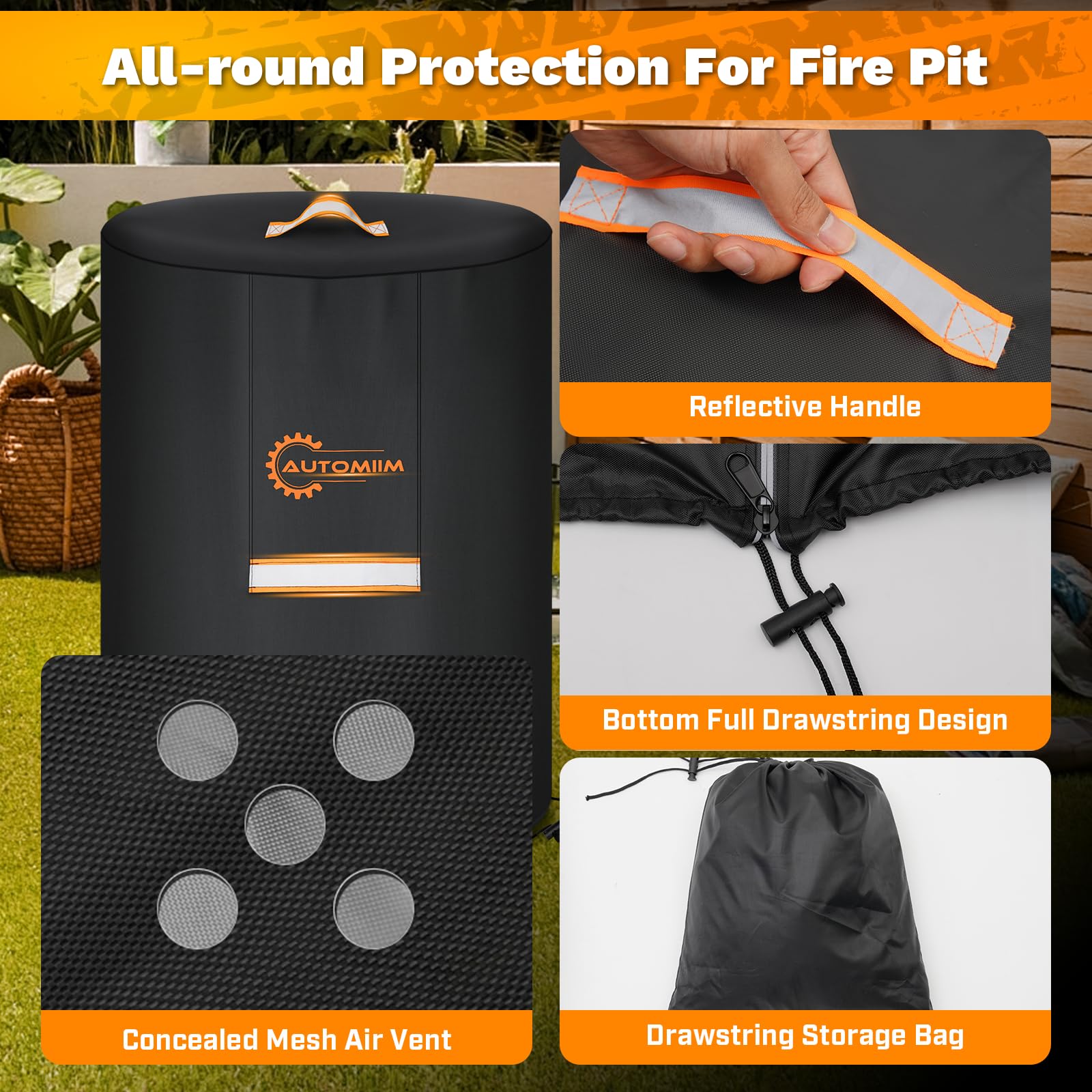 Fire Pit Cover for Ninja Fireside360 Outdoor Heater & Fire Pit, 600D Oxford Waterproof PVC & Nighttime Protection FirePit Cover Outdoor, Concealed Air Vent and Lift Handle -Fit 24" D x 29" H — view 7