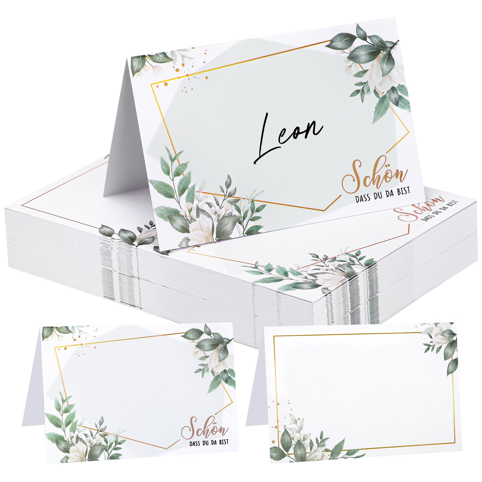 60 Stück Tischkarten Schön dass du da bist, 110x85mm Platzkarten zum selbst Beschriften Namenskärtchen Tischkarten für Hochzeit Geburtstag Taufe Ostern Muttertag (Blätter)