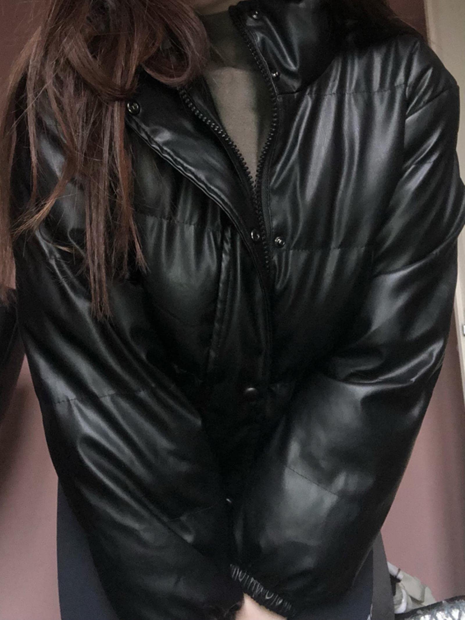 Invierno Grueso cálido Parkas Cortas Mujeres Moda PU Cuero Abrigos Damas Elegantes Cremallera Chaquetas de algodón-Black,XS