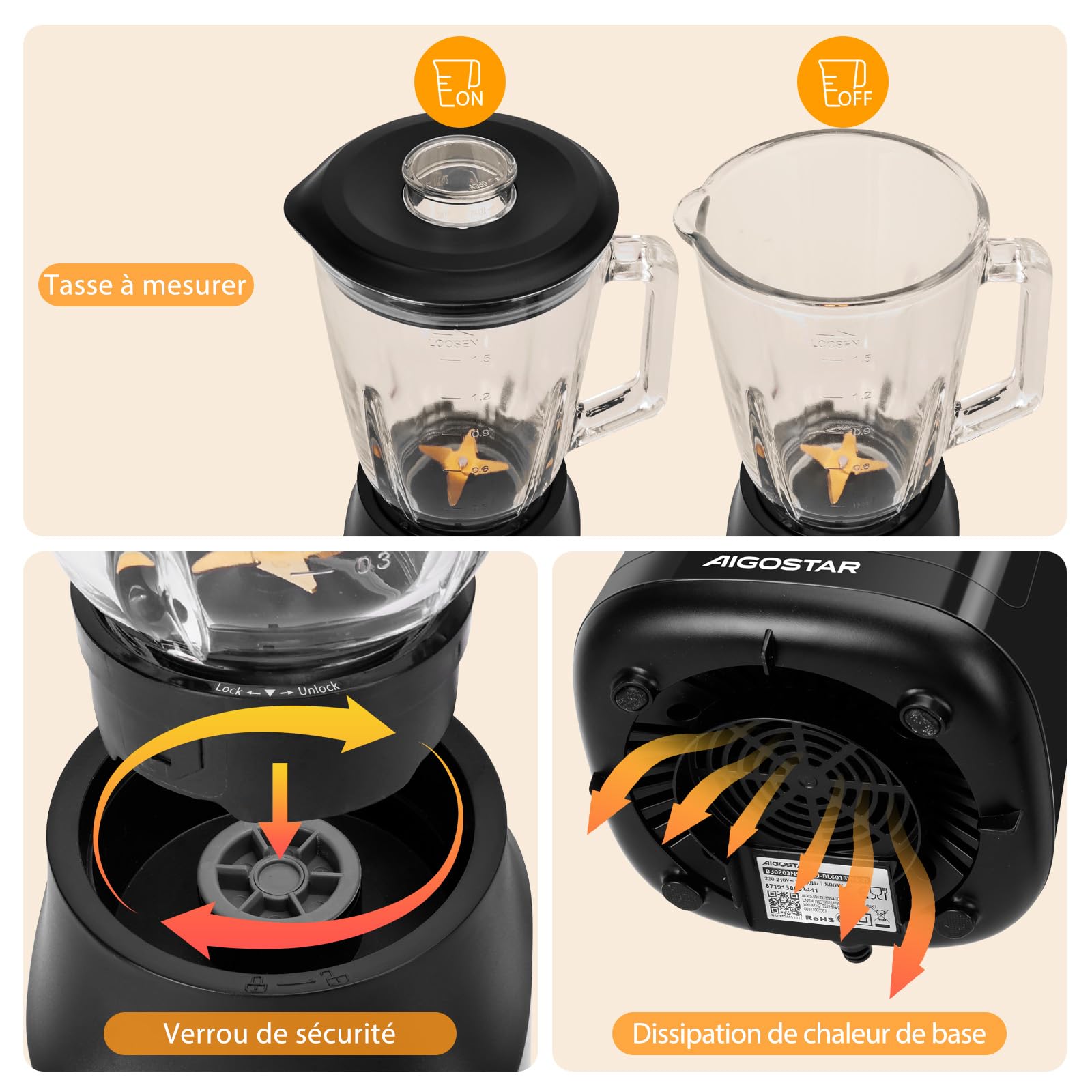 Aigostar Swift - Blender Mixeur, Bol Verre 1.5 L, avec 4 Lames en Revêtement en Titane, Puissance 800 W, 2 Vitesses + Fonction Pulse, pour écraser la Glace, la Purée et Les Fruits Congelés