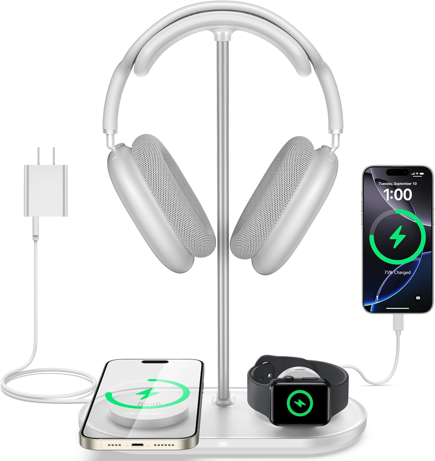 TopMade 5 in 1 Headphone Stand for Desk with Wireless Charger & USB Charging for iPhone/AirPods/iWatch, Universal Desktop Gaming Headset Holder for Airpods Max, Bose, Beats, Razer and More, White TopMade 5 in 1 Headphone Stand for Desk with Wireless Charger & USB Charging for iPhone/AirPods/iWatch, Universal Desktop Gaming Headset Holder for Airpods Max, Bose, Beats, Razer and More, White