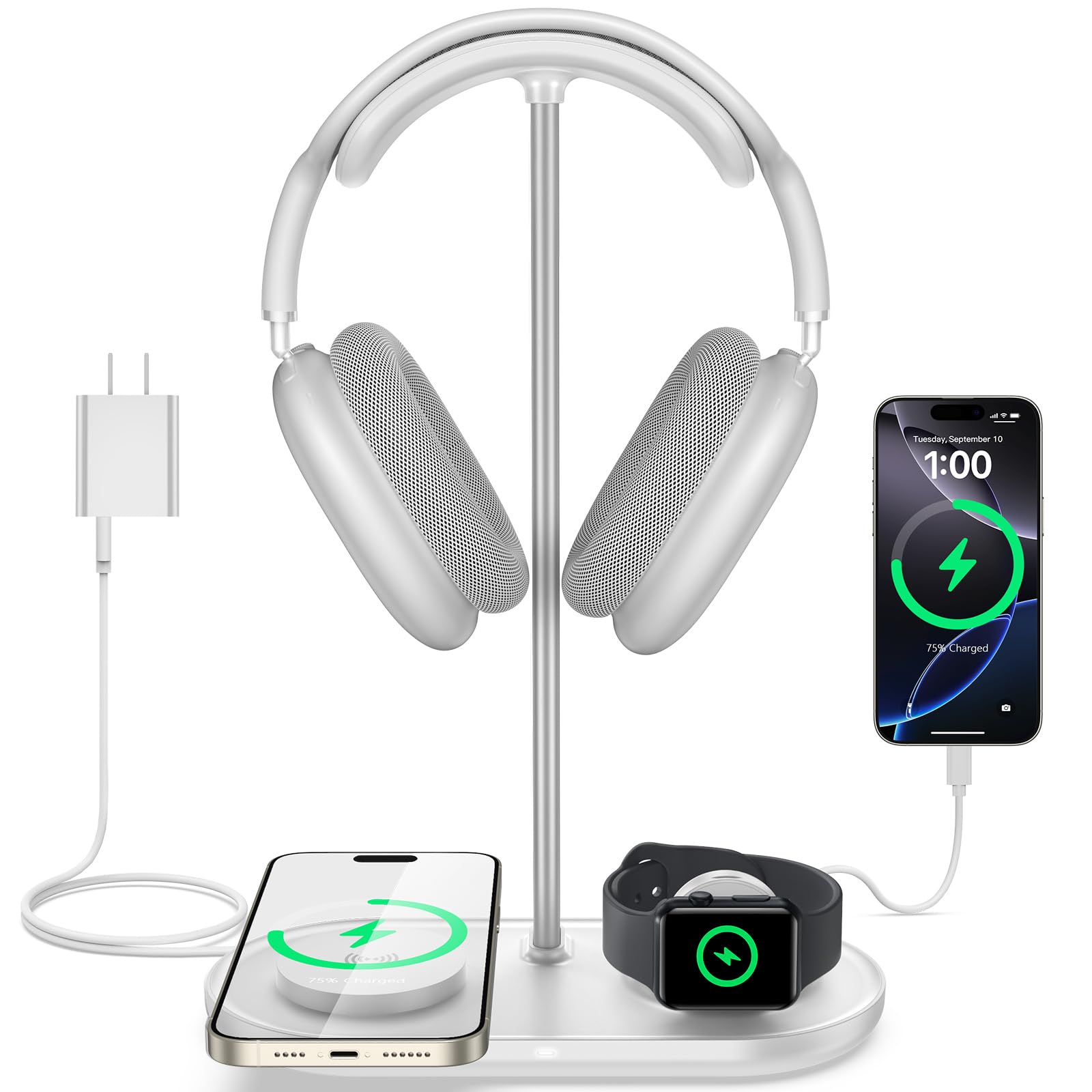TopMade 5 in 1 Headphone Stand for Desk with Wireless Charger & USB Charging for iPhone/AirPods/iWatch, Universal Desktop Gaming Headset Holder for Airpods Max, Bose, Beats, Razer and More, White