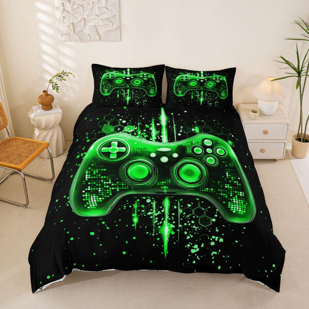 Loussiesd Green Game Consoles Boys Duvet Cover Set Cot Size Honeycomb Gaming Bedding Set Breathable Soft Cool Gamer Duvet Cover with 1 Pillowcase Bedroom Decor — image 1