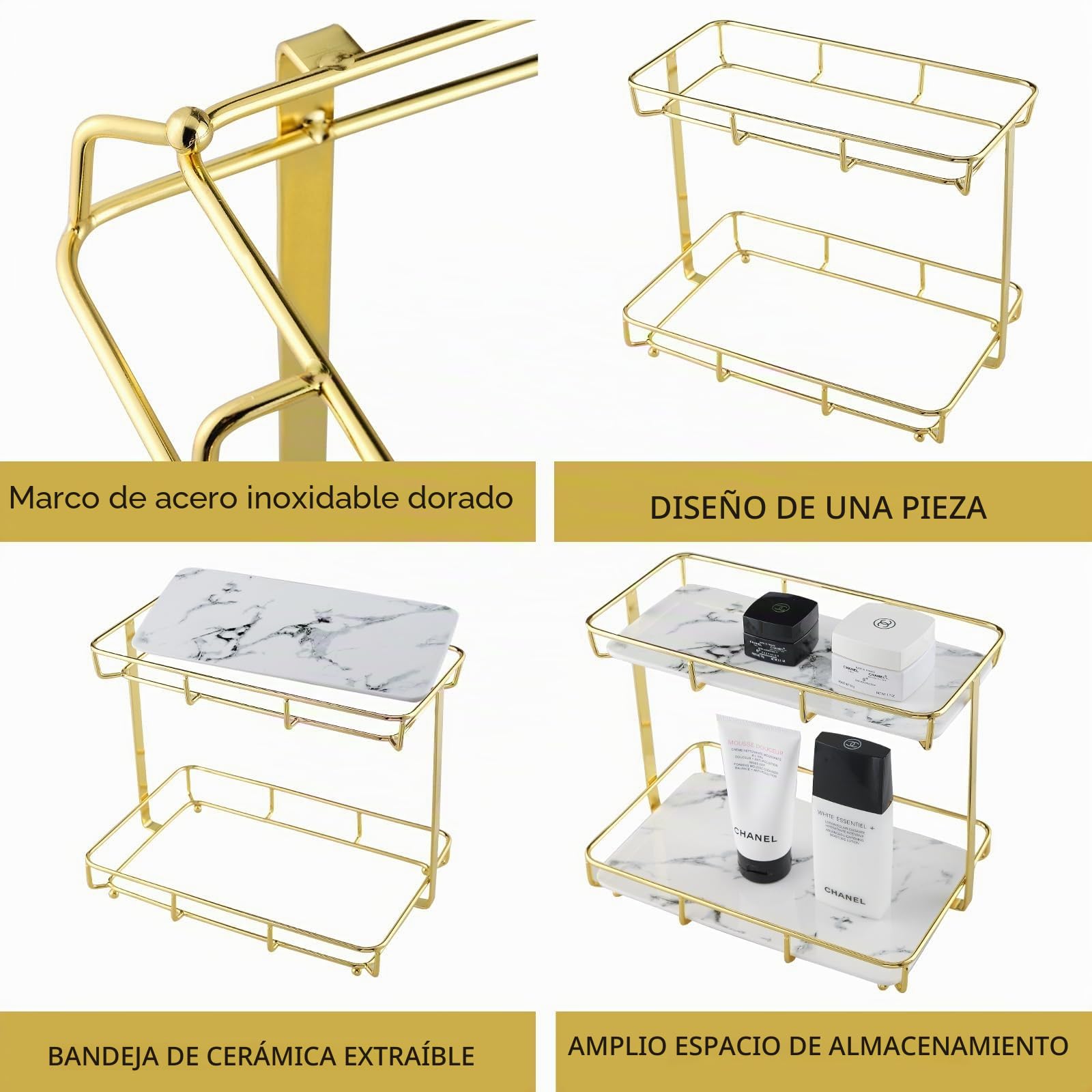 NC Estante Organizador de Maquillaje, Estante de Acero Inoxidable con Bandeja de cerámica, mármol Blanco, para tocador, encimera, baño y más, Dorado (21324) (142825.5)