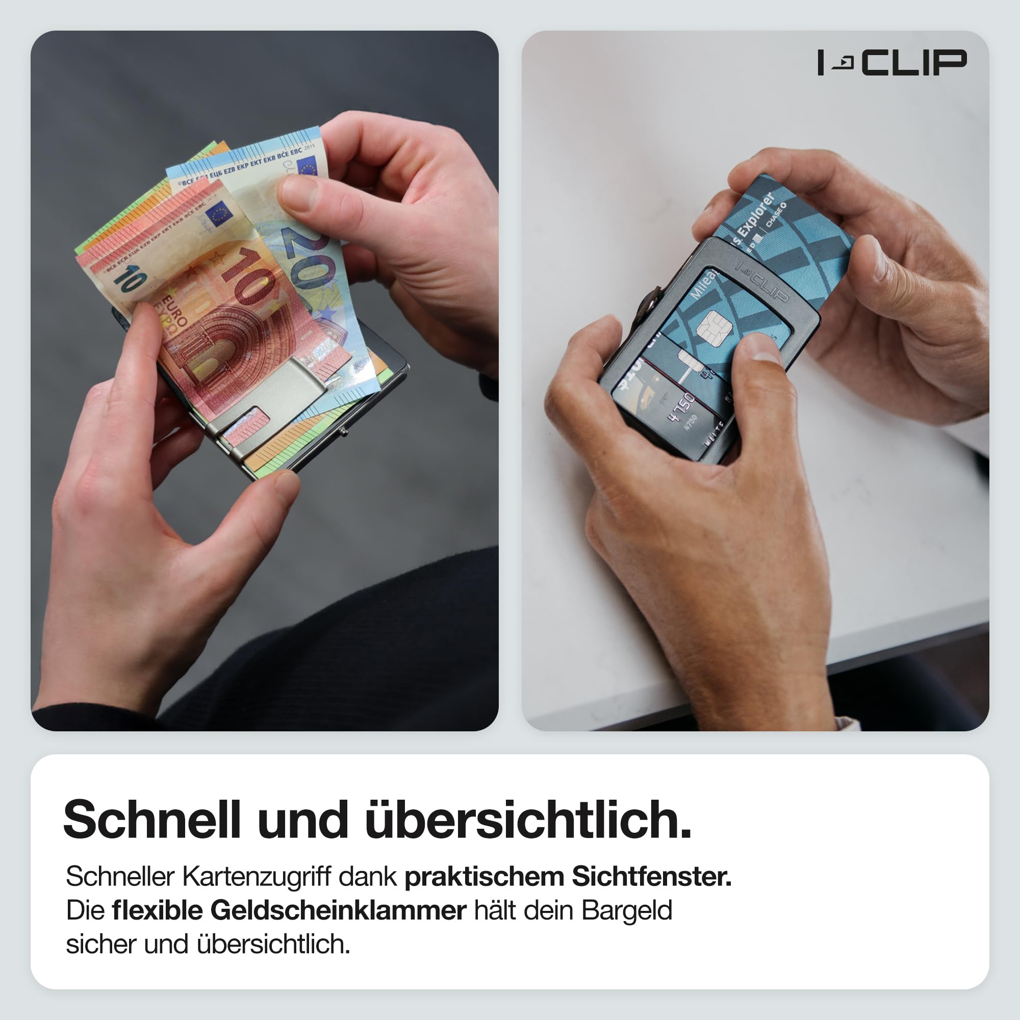 I-CLIP Original Herren Geldbörse - Slim Wallet mit Geldklammer - Mini-Portemonnaie mit Platz für bis zu 12 Karten - Ultraleicht mit nur 22g - Echtleder in Carbon-Optik - Schwarzer Rahmen