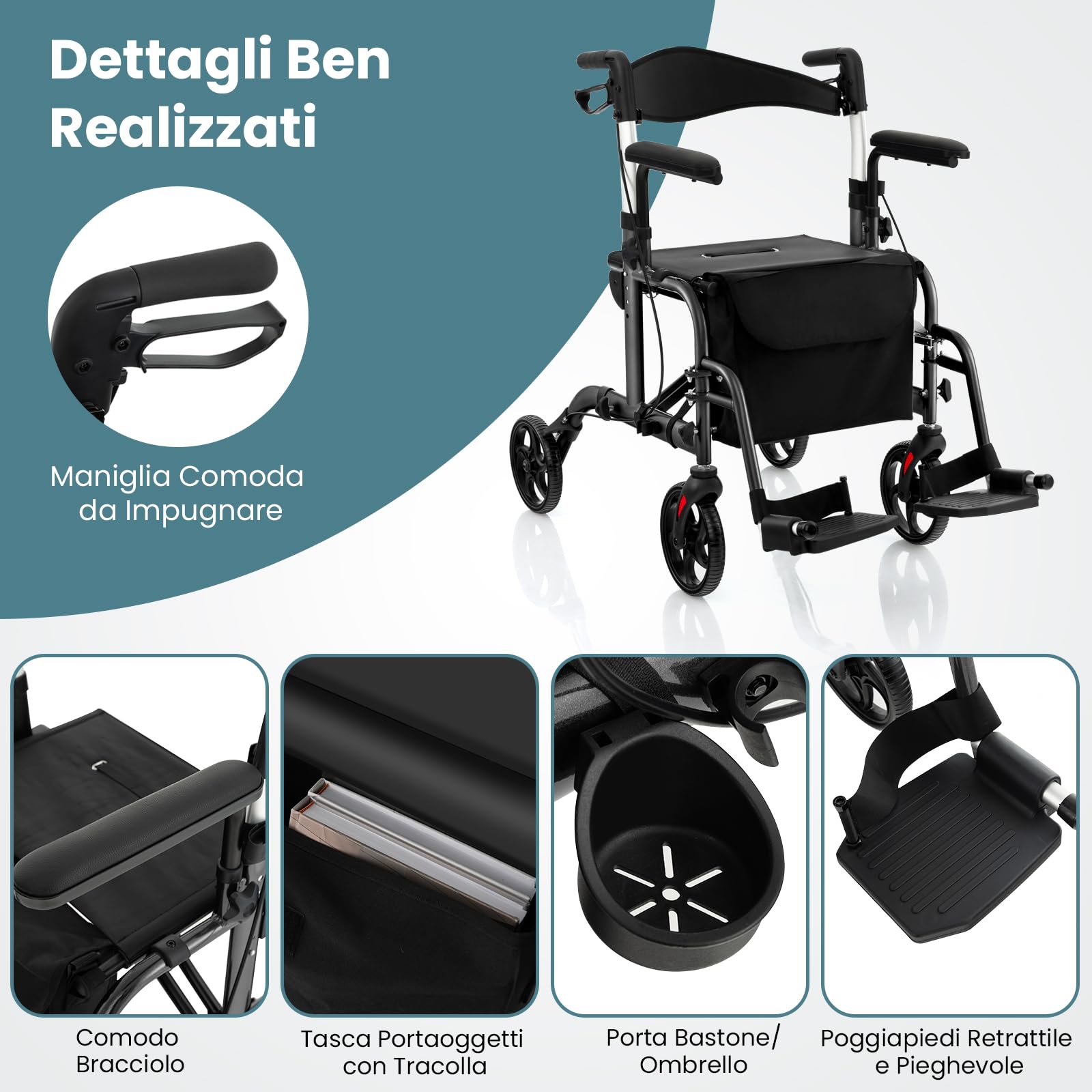 RELAX4LIFE 2 in 1 Deambulatore Pieghevole con Seduta e 4 Ruote per Anziani, Sedia a Rotelle Leggero, Regolazione Altezza, Freno a Mano, Alluminio, Deambulatore con Porta Ombrello e Borsa (Nero)