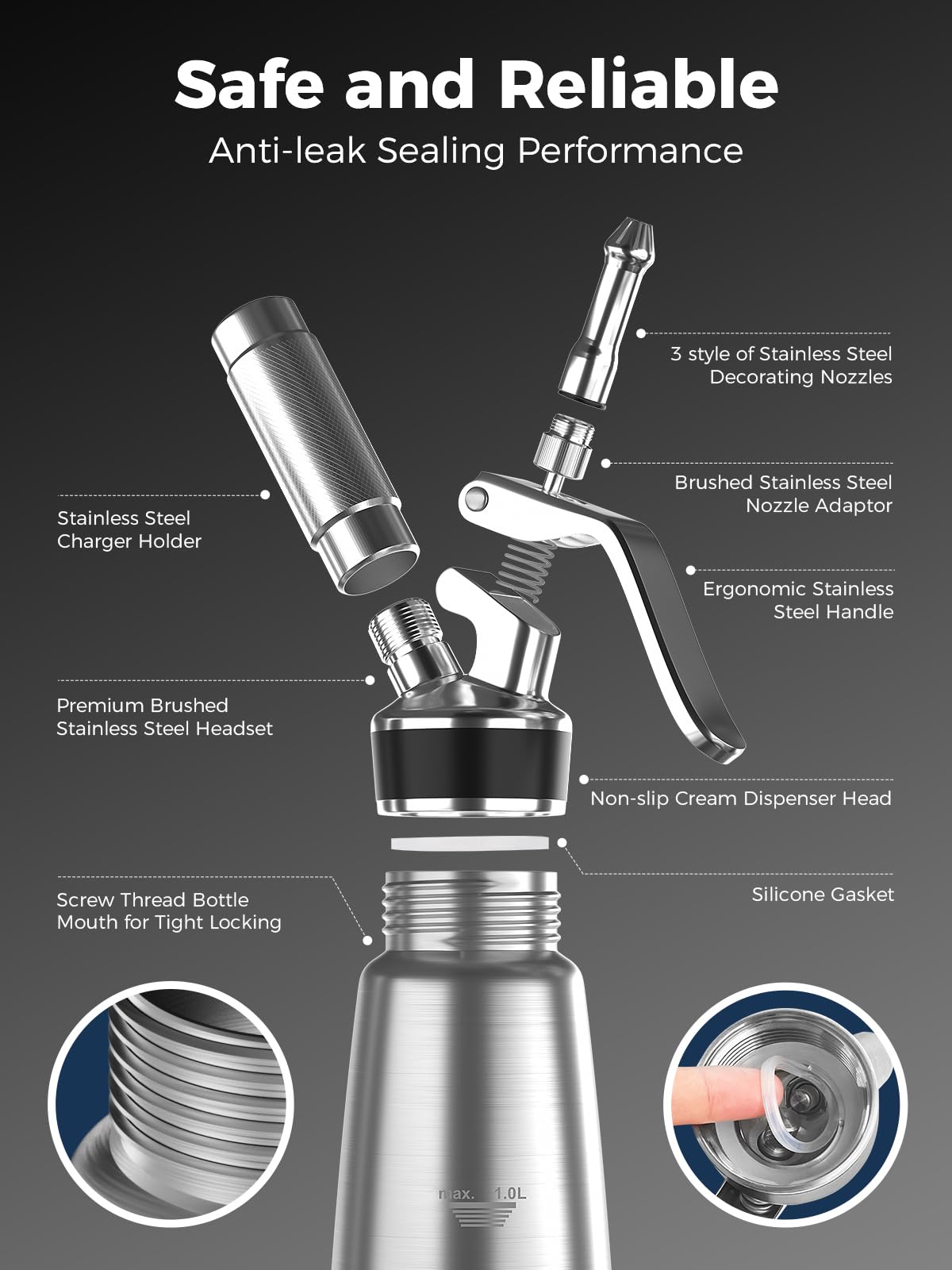 Dispenser professionale per panna montata, 1000 ml, in acciaio inox, set con 3 ugelli decorativi, 1 pennello, 1 custodia, macchina per panna montata senza caricabatterie N2O