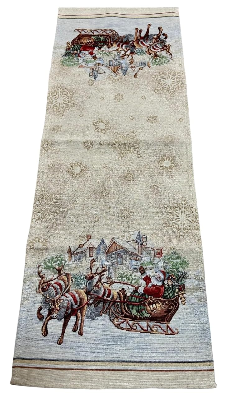 Centre de table Noël Gobelin 40x100 cm avec motif traîneau et renne de fabrication italienne