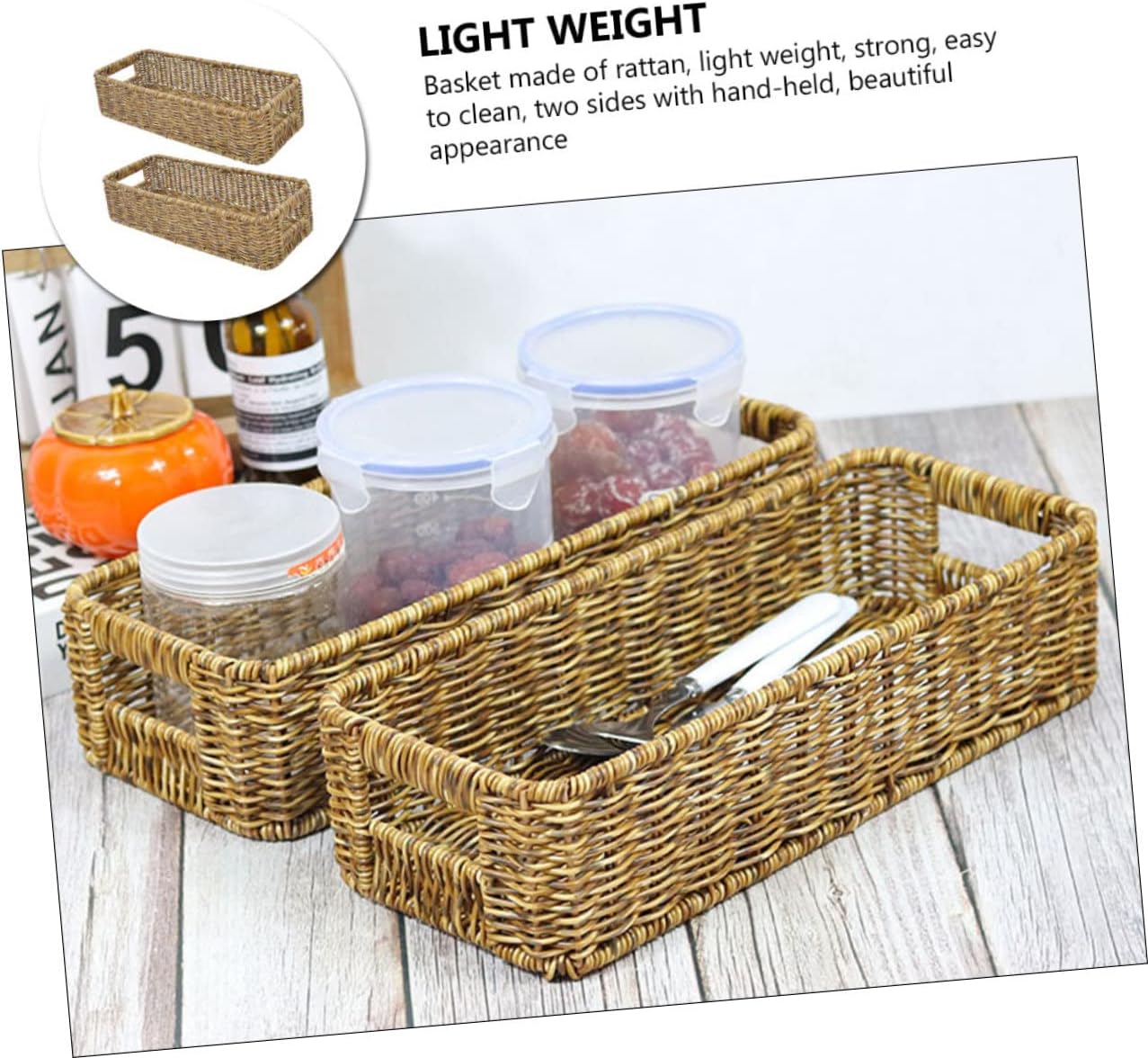 2pcs Capacity Rattan Storage Basket Woven Organizer for Kitchen Bathroom Office Pantry Handcrafted Desktop Storage Containers in Deep
