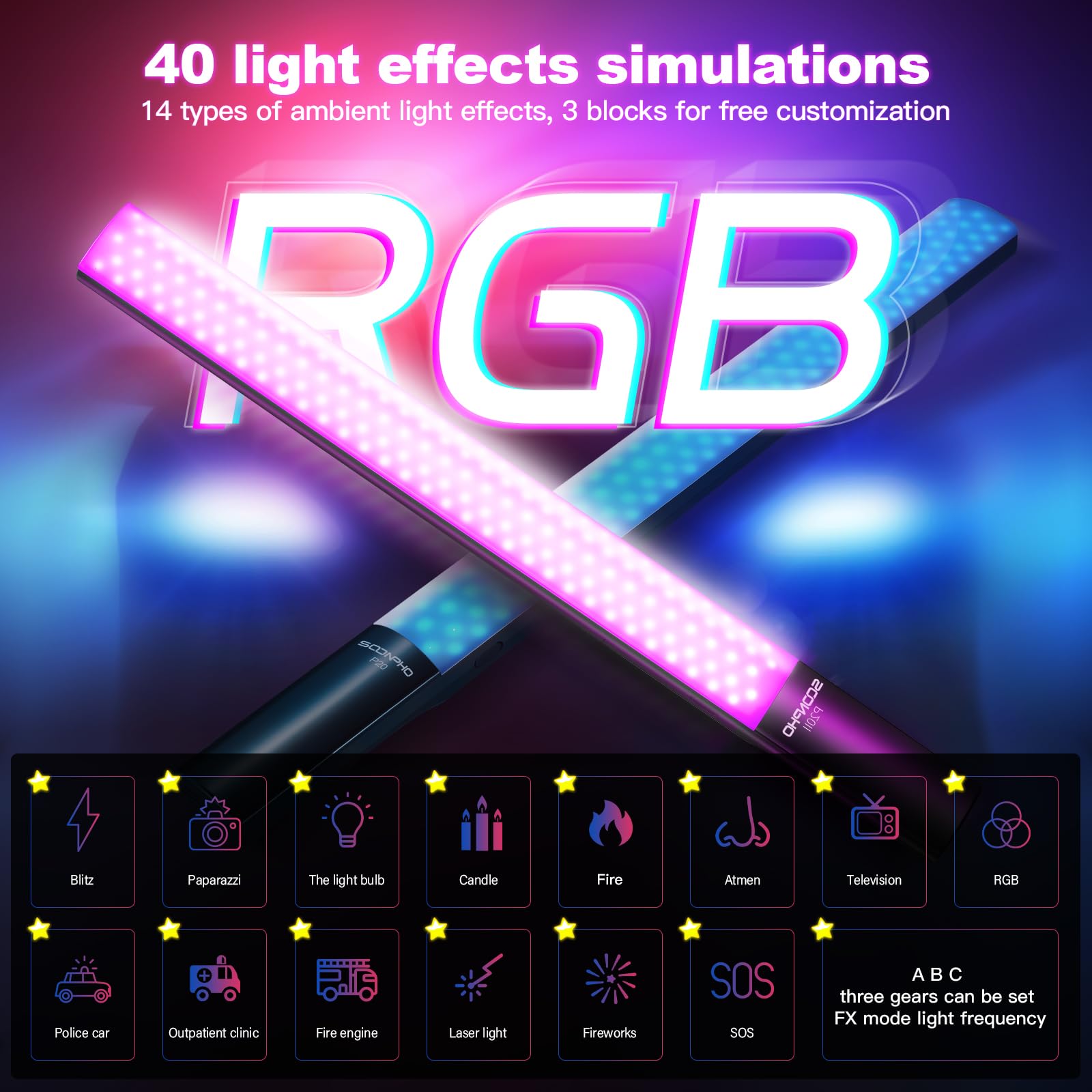 soonpho Soonpho Video Light Stick Tubo luminoso LED RGB per Studio 2500K-8500K CRI≥97 TLCI≥97
