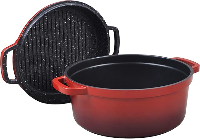 Commichef XB-626R Grunwerg Twin-Use Oval Casserole & Grill Pan, Aluminium, Red