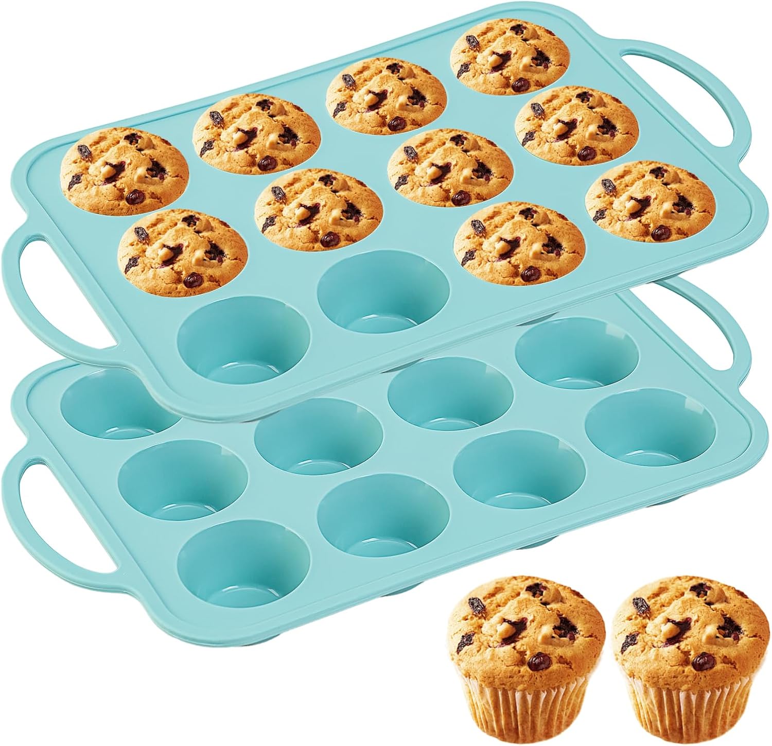 2pack Silicone Muffin Pan 12 Cups Muffin Baking Mold With Reinforced Stainless Steel Frame Inside,BPA Free,Non-stick Bakeware Silicone Muffin Tray, Dishwasher Safe (blue)