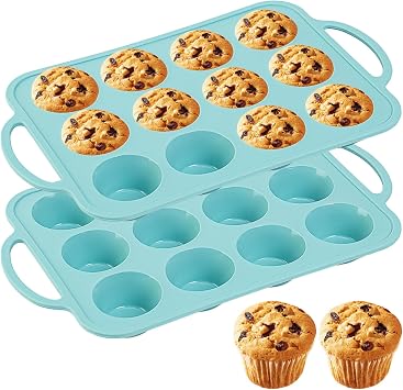 2pack Silicone Muffin Pan 12 Cups Muffin Baking Mold With Reinforced Stainless Steel Frame Inside,BPA Free,Non-stick Bakeware Silicone Muffin Tray, Dishwasher Safe blue