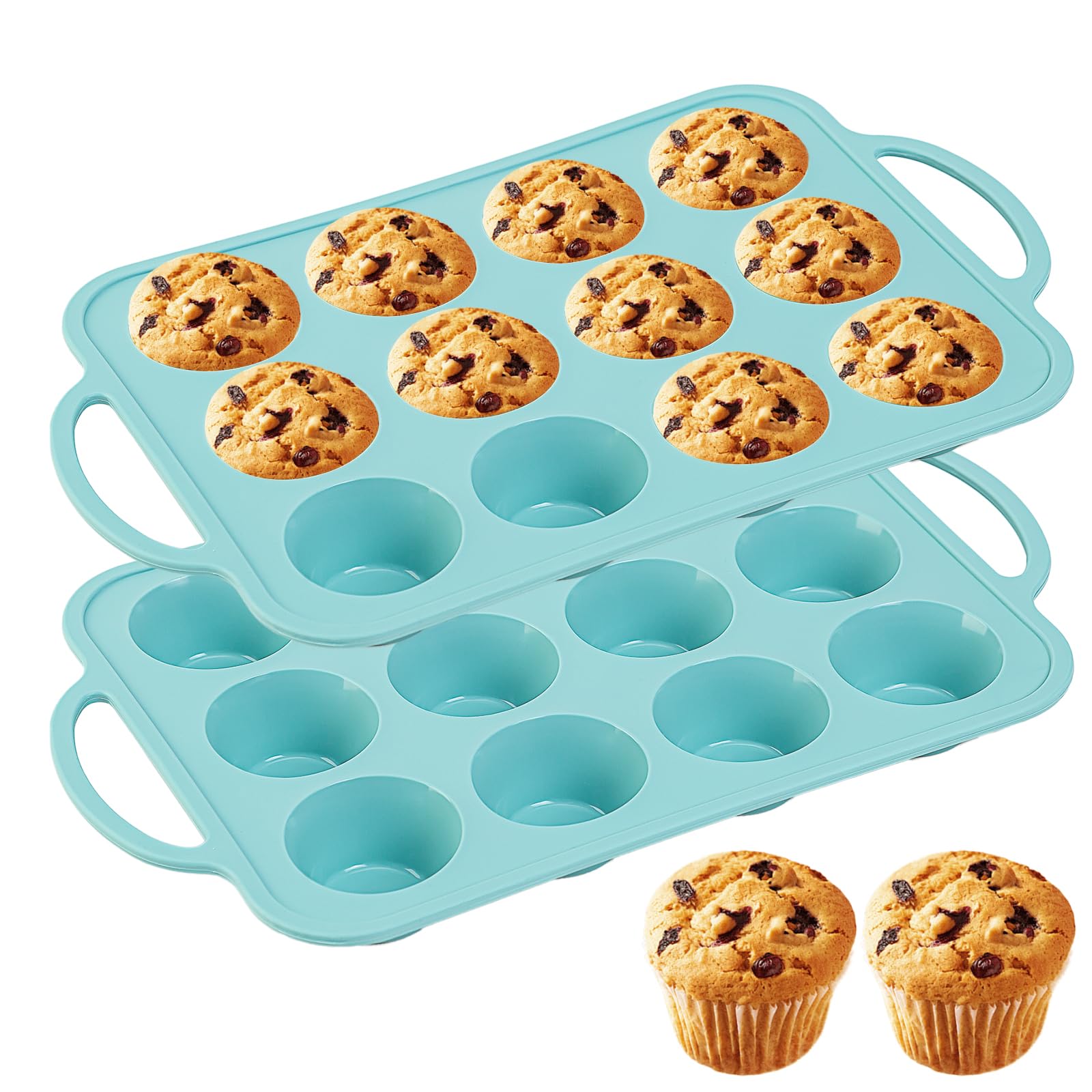 zmkele 2pack Silicone Muffin Pan 12 Cups Muffin Baking Mold With Reinforced Stainless Steel Frame Inside,BPA Free,Non-stick Bakeware Silicone Muffin Tray, Dishwasher Safe (blue)