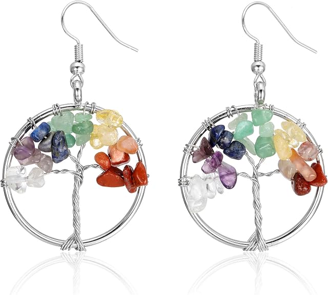 JOVIVI Women Tree Of Life Drop Earrings Wire Wrapped Crystal Pendant 7 Chakra Matural Tumbled Gemstone Earrings for Girls Ladies Jewellery Mothers Day Mum Gifts
