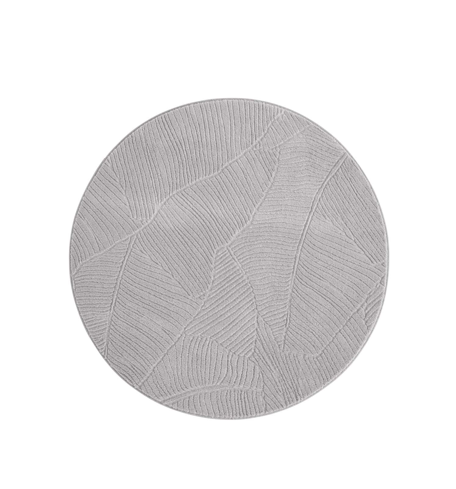 Taracarpet Kurzflor Boho Skandi Polyester Teppich in 3D Optik waschbar, pflegeleicht und robust ideal fürs Wohnzimmer, Schlafzimmer und Kinderzimmer auch als Badematte Grau Blätter 120 cm rund