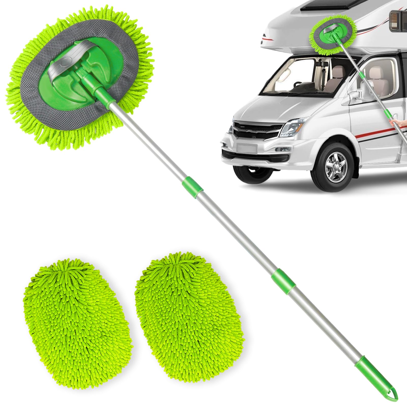 Bemece Car Wash Brush Kit with 43.3" Telescopic Handle, Car Washing Brush with 2 in 1 Chenille Microfiber Mop Heads for Cleaning Truck, Caravan, Scratch Free(1 Car Wash Brush,1 Replacement Cloth Head)