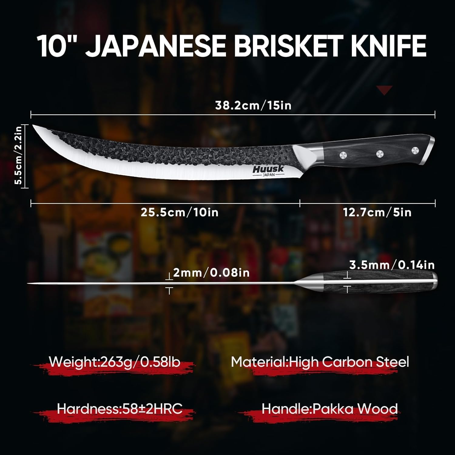 Huusk Butcher Knife for Meat Cutting, 10 Inch Brisket Knife, Multifunction Carving Knives with Wood Handle, Japanese Slicing Knives for Meat Cutting, BBQ, Turkey, Ideal Grilling Gift for Men and Women