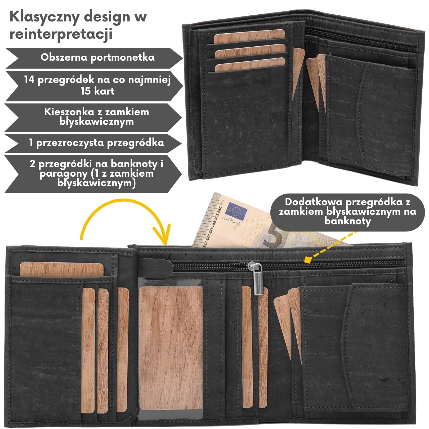 Simaru Portfel z korka dla mężczyzn z ochroną RFID | Wegański portfel z 10 przegródkami na karty oraz miejscem na banknoty i monety | Wodoodporny i zrównoważony | Alternatywa dla skóry (Czarny)