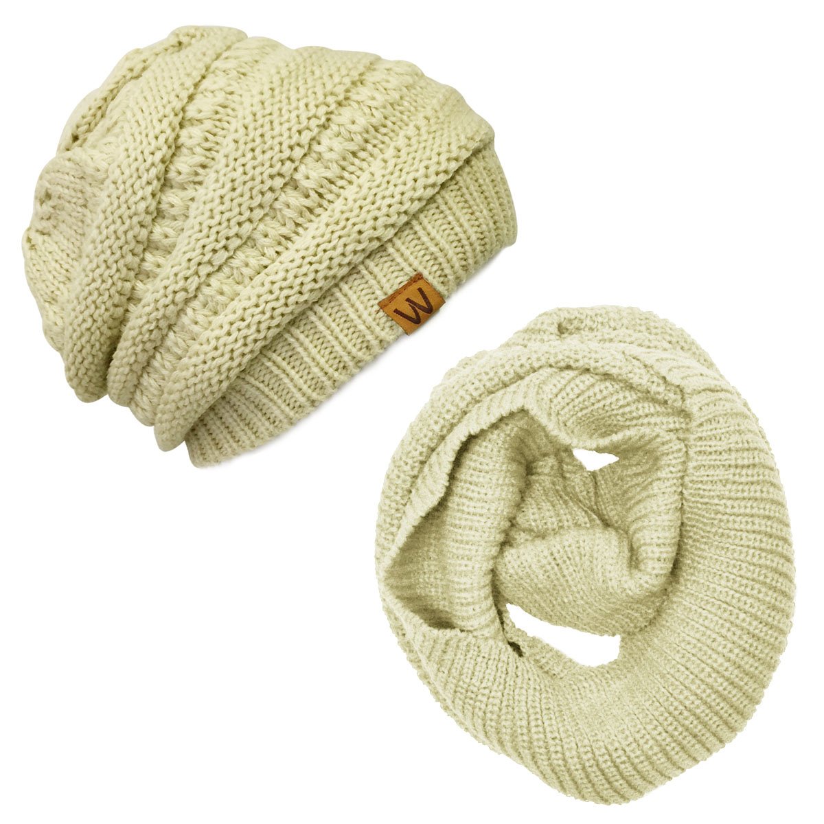 Allydrew Thick Knitted Winter Infinity Scarf and Slouchy Beanie Set, Beige-image-33