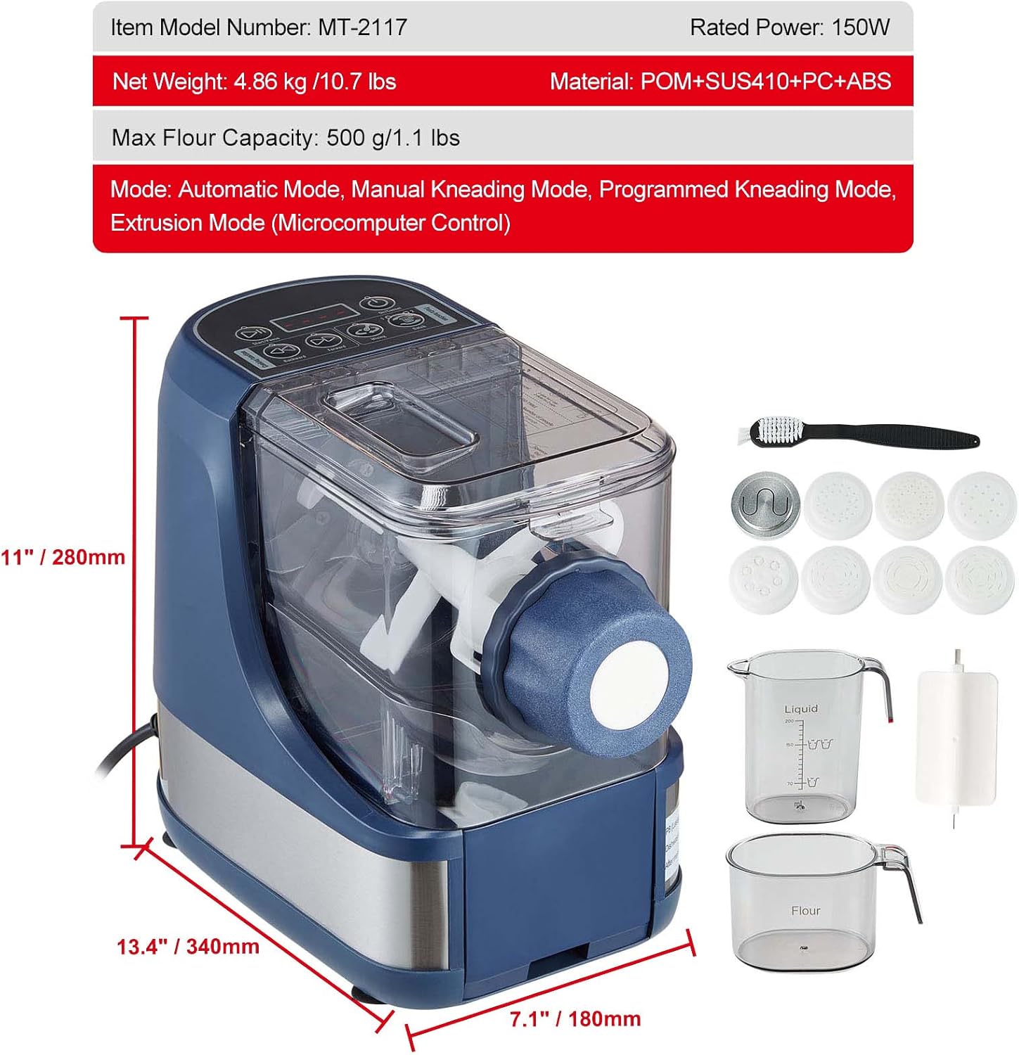 Happybuy Electric Pasta Maker, 150W Automatic Noodle Machine with 8 Shapes, 4 Modes, 500g Capacity, Measuring Cups & Cleaning Brush for Home Kitchen