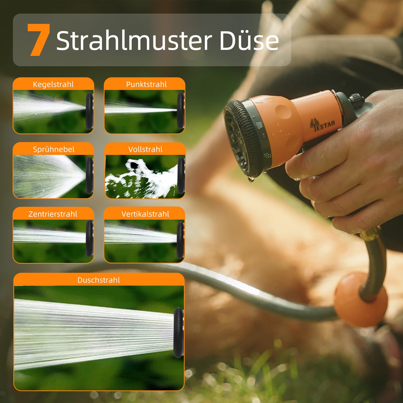 Schlauchtrommel 25m+2m, Schlauchaufroller mit Aufroll-Automatik & 180° Schwenkbar, Wand-Schlauchbox mit Arretierstop & 7 Muster Sprühdüse, für Gartenbewässerung & Autowäsche