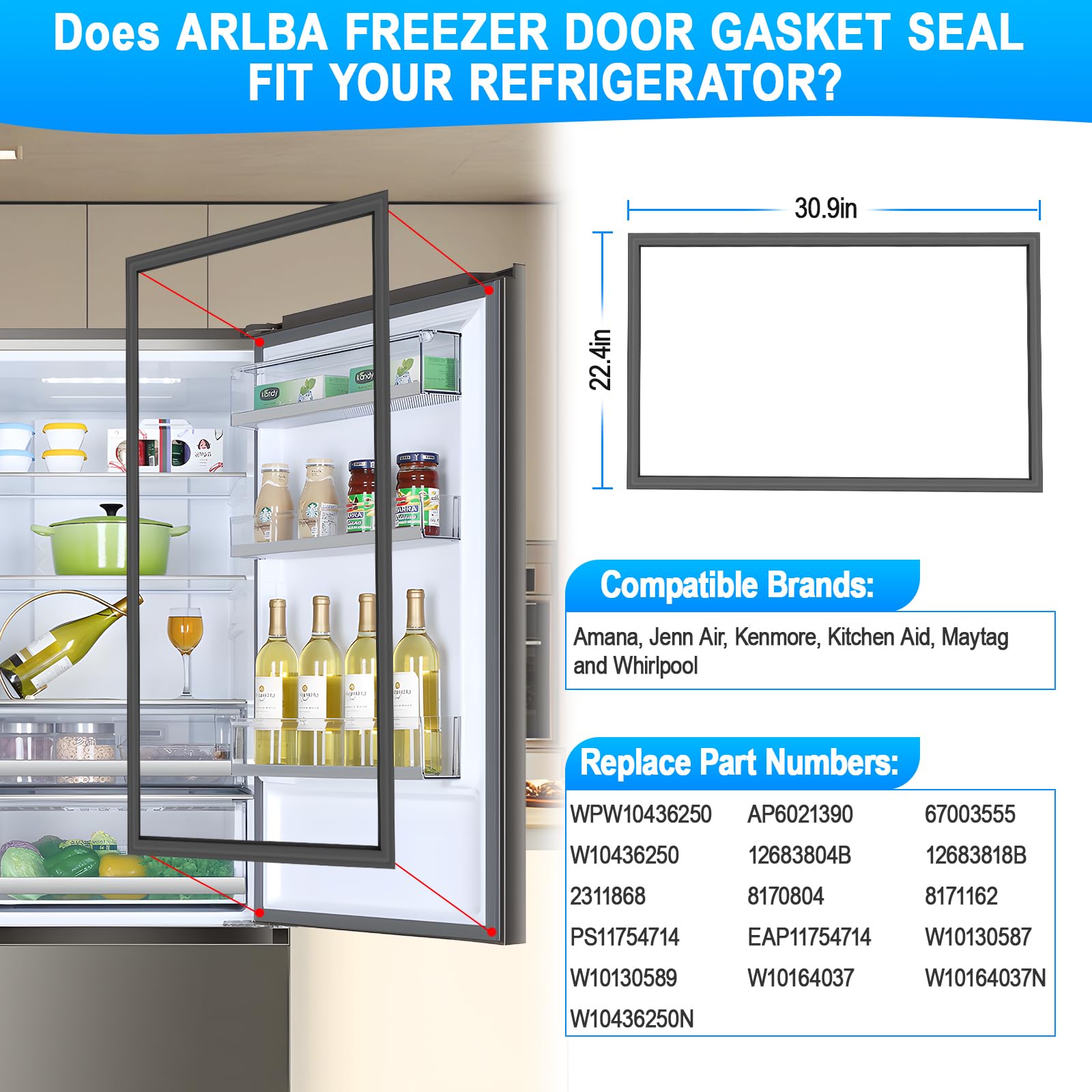 Upgarded WPW10436250 Refrigerator Freezer Door Gasket Compatible with Whirlpool W10436250 Kenmore Amana Maytag Freezer Door Seal Part 67003555 W10164037 12683818B W10164037N W10130587 W10130589