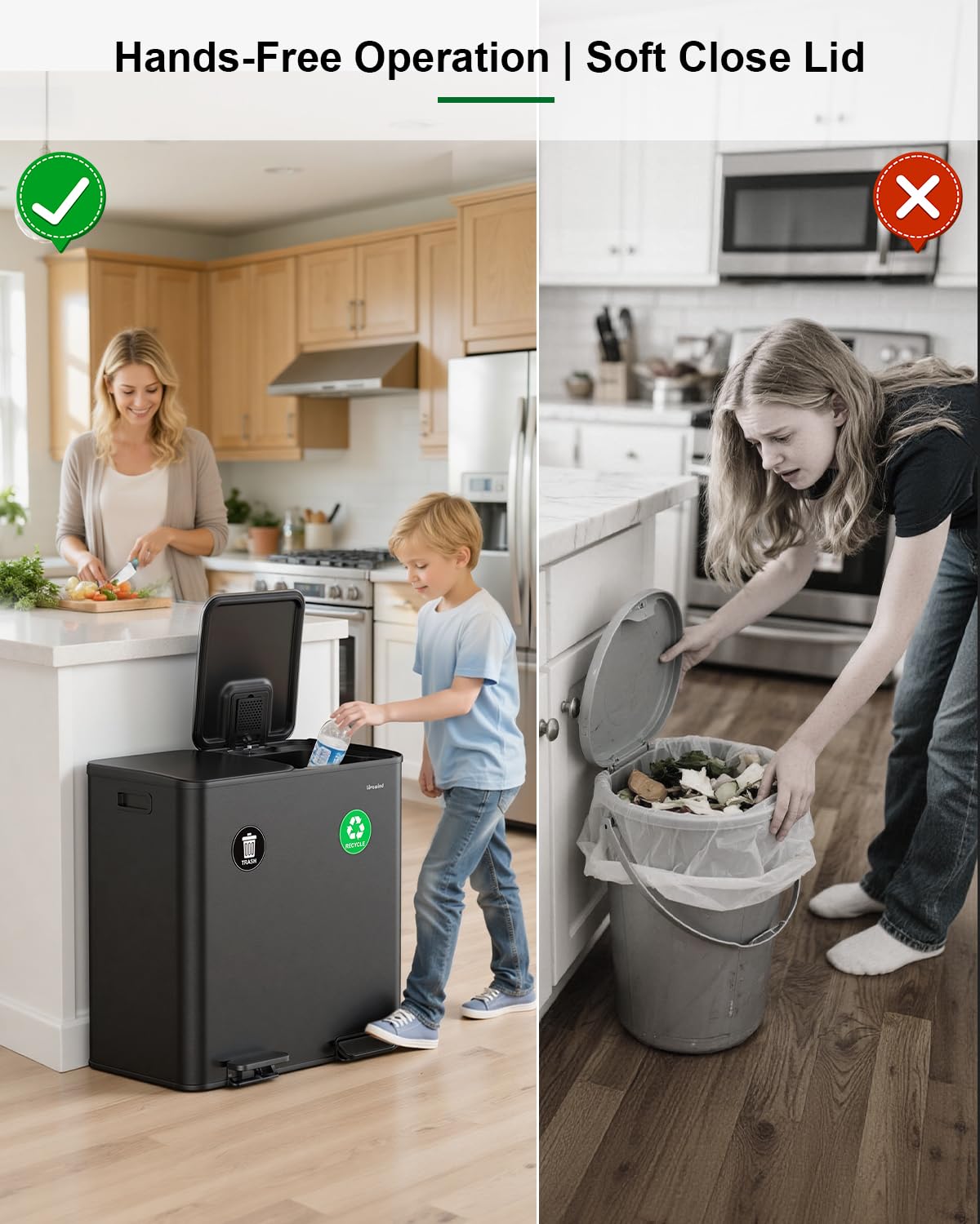 Lovewind 2×11.5 Gallon Dual Trash Can, Stainless Steel Dual Garbage and Recycling Can with Foot Pedal, 90° Stay-Open Lid, Pet-Proof Design – Large Dual Compartment Trash Recycling Bins Kitchen, Black