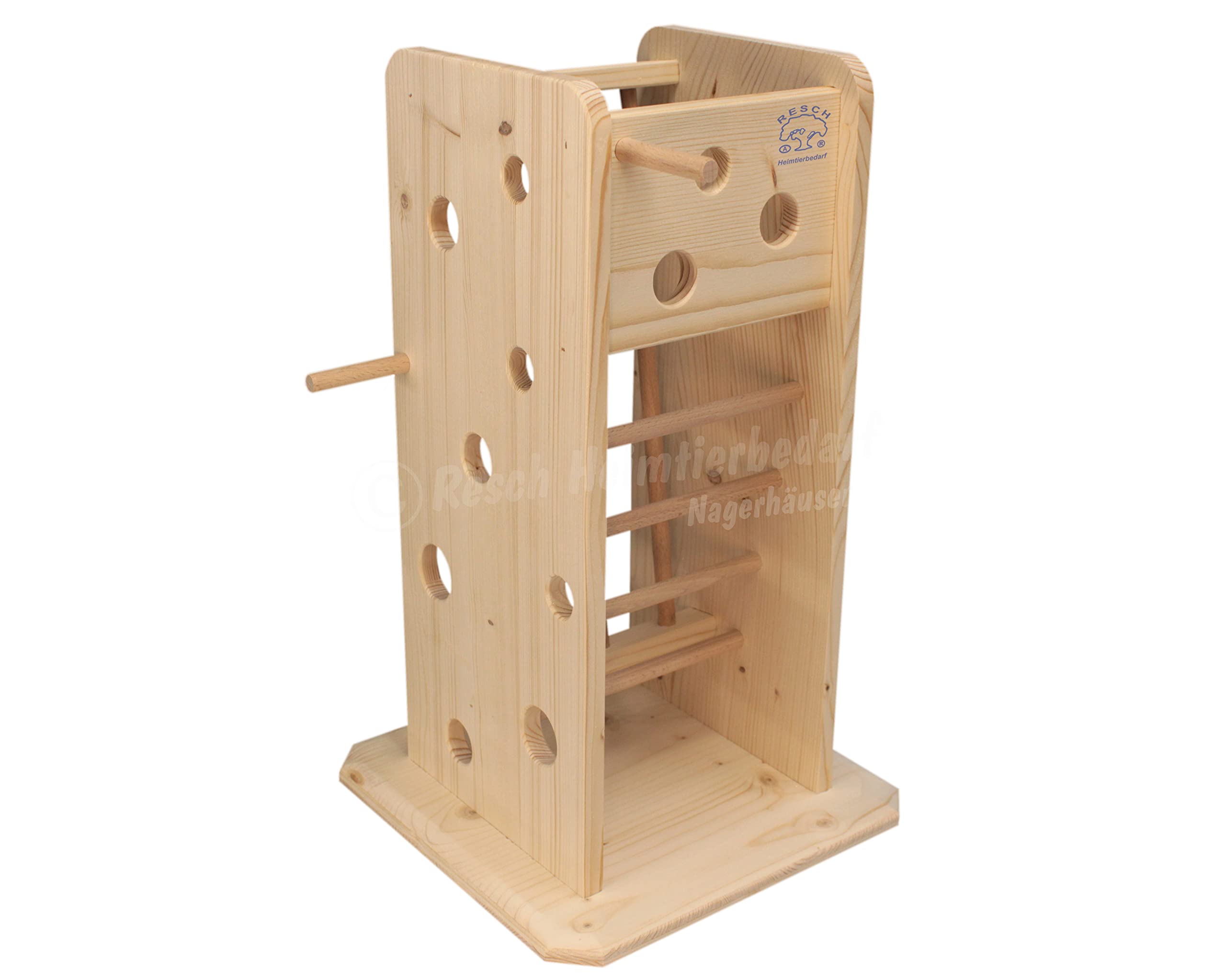 Resch Nr43 Futterturm, naturbelassenes Massivholz aus Fichte/Lochwände und Rundstäbe zum stecken oder hängen der Snacks/mit Großer Heuraufe von Zwei Seiten zugänglich /24,5 x 40 x 24,5cm (LxHxB)