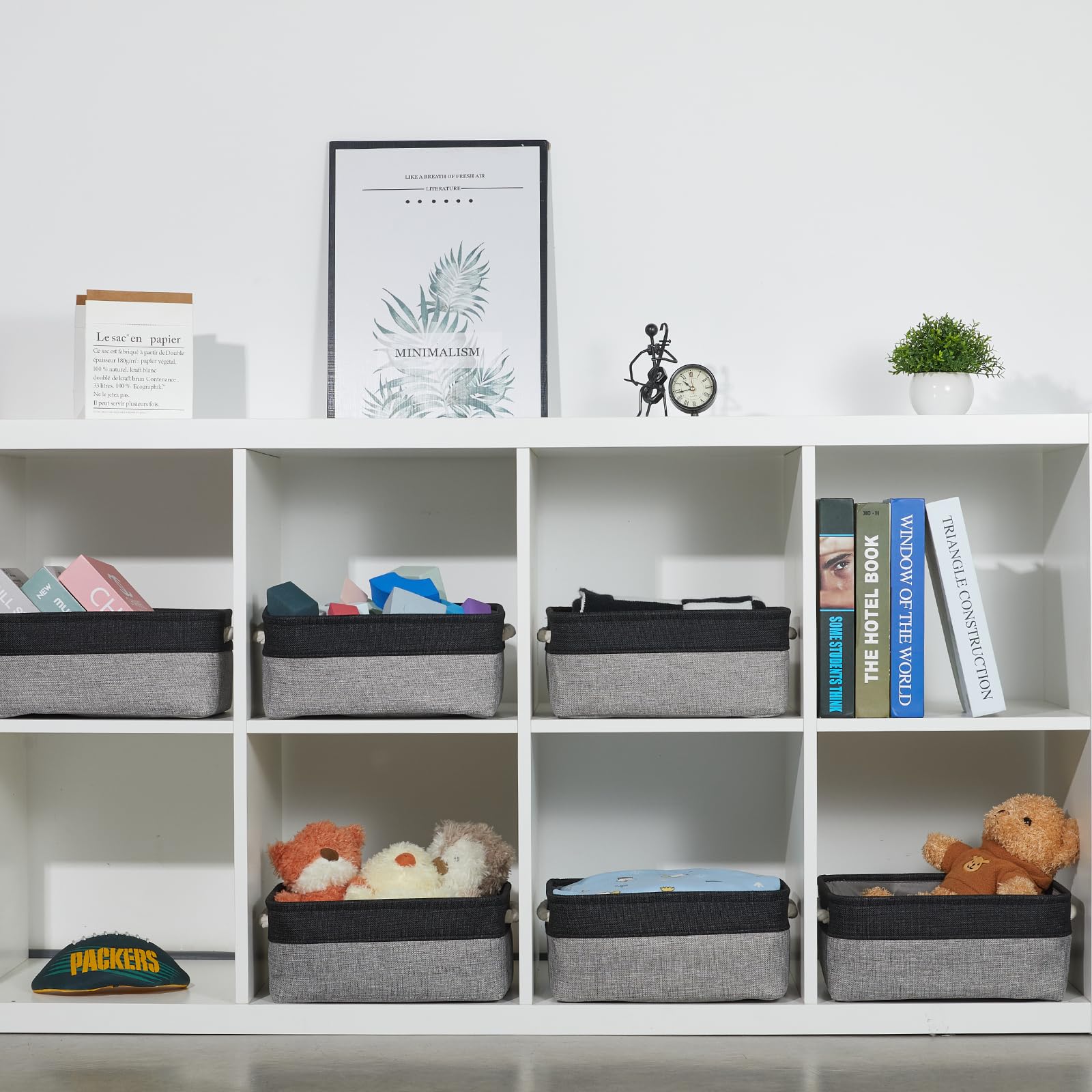 Bidtakay Aufbewahrungskörbe, 6 Stück, klein, Stoff, Leinen, faltbar, 30 x 20 x 12 cm, Organizer-Körbe mit Griffen, dekorative quadratische Körbe für Schrank, Regale, Schrank (schwarz und grau)
