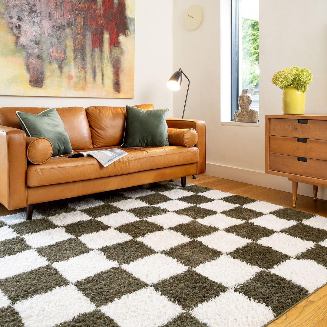 Green Retro Checker Rug Soft Plush Pile High Density Comfort Stain Resistant Carpet Bedroom Lounge Living Room Mat Cozy Mid-Century Boho Interior Style Rugs 200cm x 290cm (6ft 7" x 9ft 6")