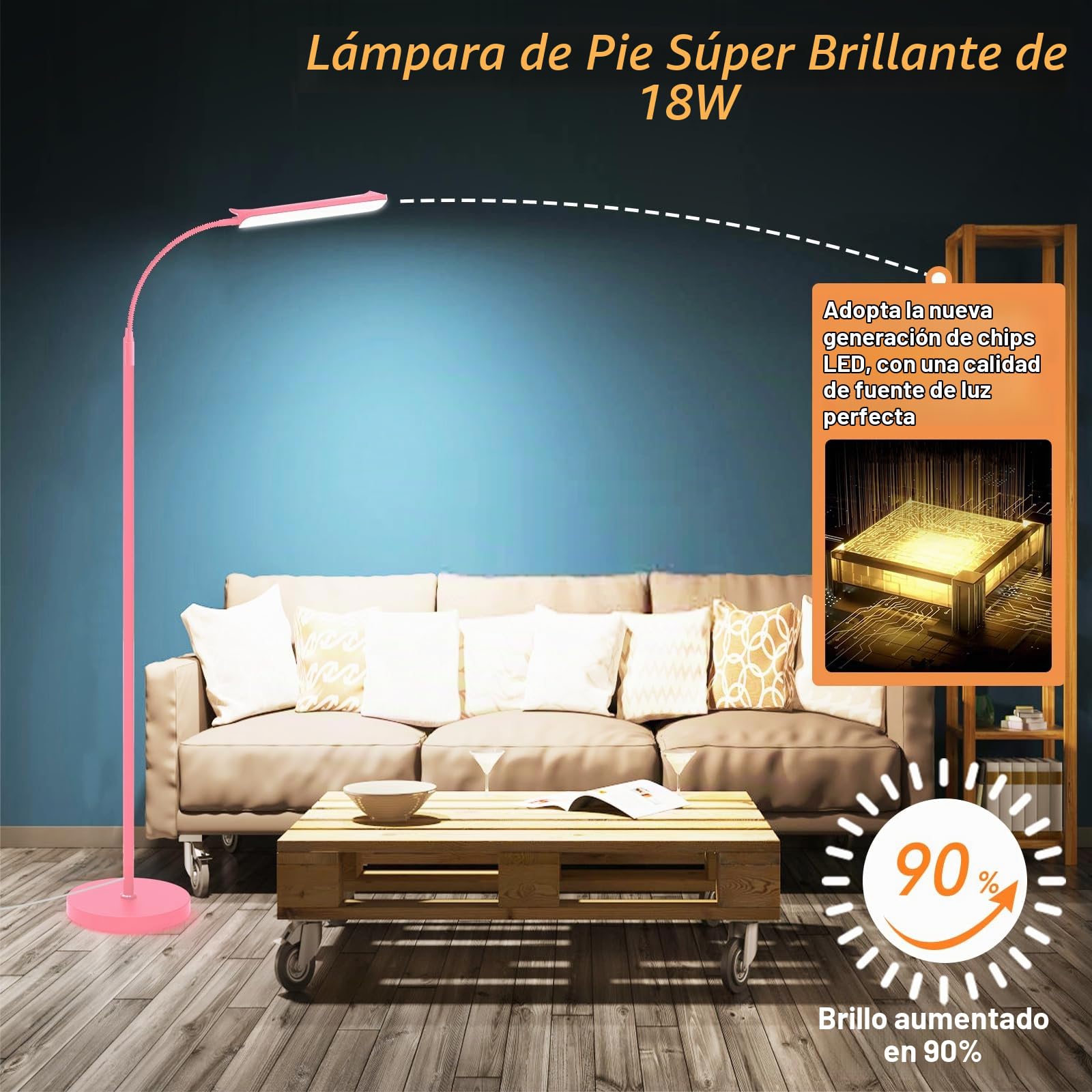 Rosa - Lámpara de pie con pie (18 W, 1800 lm, regulable LED, lámpara de suelo, 2700 K, 6500 K, temperatura de color, con mando a distancia, control táctil, 1 hora, lámpara de pie alto para sala de